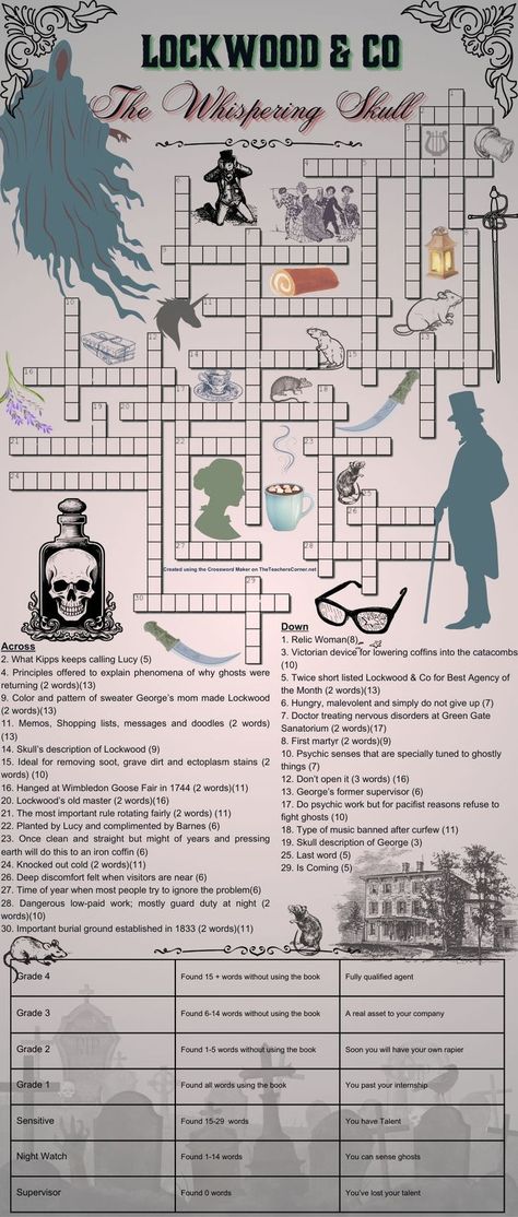 Lockwood & Co by Jonathan Stroud, Book 2: The Whispering Skull Crossword puzzle! How well do you know the book? #LockwoodandCo #SaveLockwoodandCo Answer Key and Printer Friendly version found in the Quizes and Puzzle board Jonathan Stroud, Lockwood And Co, Puzzle Board, Crossword Puzzle, Avatar The Last Airbender, The Last Airbender, Printer, Fan Art, Key