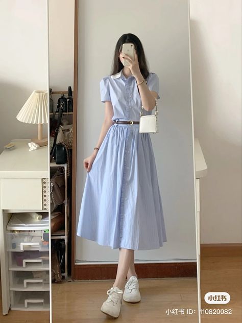 Powder Blue Dress Casual, Korean Summer Dress Outfit, Korean Dress Ideas, Spring Outfits Korean Style, Pastel Business Casual, Casual Modest Dresses, Modest Summer Dresses Casual, Korean Summer Outfits Dress, Modest Fashion Outfits Summer Casual