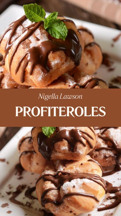 Nigella Profiteroles Christmas Profiteroles, Nigella Recipes, Profiteroles Recipe, British Sweets, Savoury Treats, Nigella Lawson Recipes, Hot Chocolate Sauce, Chef Dishes, Famous Chef