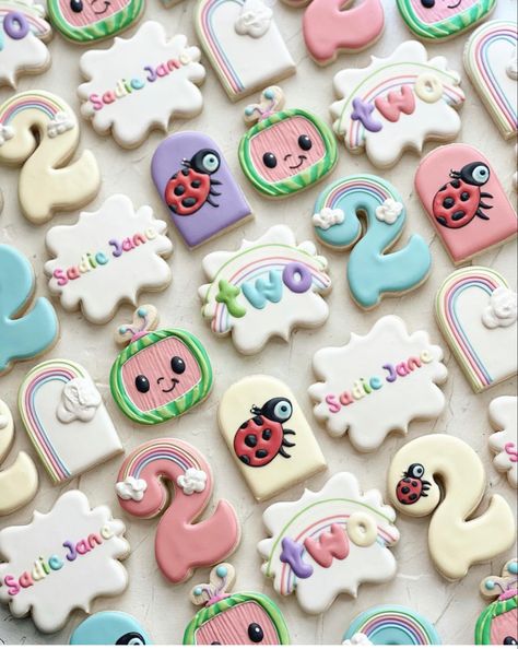 Cocomelon Party Ideas Pastel Colors, Cocmelon Birthday Girl, Coco Melon Girl Party, Coco Melon 2nd Birthday Party Girl, Cocomelon Girl Birthday Party, Pastel Cocomelon Party, Coco Melon Cookies, Cocomelon 2nd Birthday Party Girl, Cocomelon Second Birthday