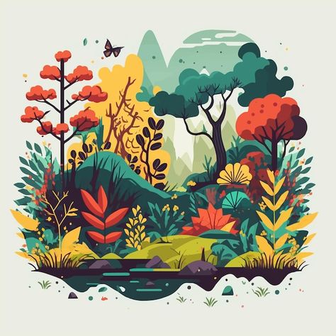 Jungle Illustration Background, Tropical Forest Illustration, Magical Forest Illustration, Forest Animals Art, Landscape Illustration Art, Nature Vector Illustration, Illustration Forest, Jungle Landscape, Forest Vector