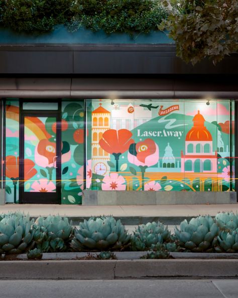 New storefront window mural for @laseraway located in Pasadena 🌞 🌸 Swipe to see the long exposure photo before sun came out. >> This is my first time doing a window mural and loved working on it. I will try to post a photo with a closer look 👀 so you can see the details ✨ Manifesting more fun mural installations 🤞 📍415 S Lake Ave Pasadena, CA (outside of Macy’s) ✏️Designed in @_adobeillustrator_ . . . #mural #muralart #muralartist #muralartists #losangelesmurals #muralpainting #mur... Fun Mural, Exterior Murals, Window Mural, Long Exposure Photos, Store Window, Window Painting, Mural Painting, Long Exposure, Illustration Artists