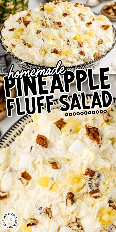 This easy, stir-together Pineapple Fluff recipe with coconut and marshmallows is whipped up in minutes for a tropical tasting treat the whole family will love. Fluff Recipes Cool Whip, Pineapple Coconut Fluff Recipe, Orange Pineapple Fluff, Pineapple Fluff Recipe Cool Whip, Pineapple Fluff Recipe Cream Cheese, Pineapple Salad Recipes Cool Whip, Pineapple Marshmallow Fluff, Pineapple Marshmallow Salad, Hawaiian Pineapple Coconut Fluff