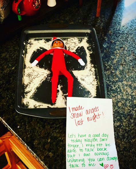 Elf On The Shelf Ideas With Snow, Elf On The Shelf With Snow, Elf Making Snow Angel, Be Good Elf On The Shelf Messages, Elf On The Shelf Ideas Day Two, Elf On The Shelf Snow Storm, Elf Snow Angel Shelf Ideas, Elf Flour Angel, Elf On Shelf Snow Angel