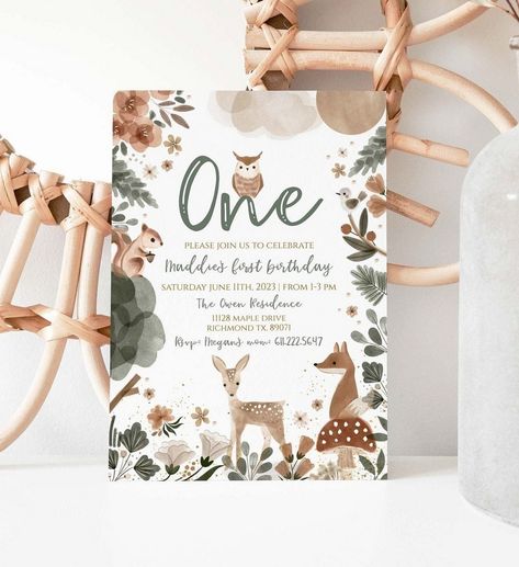 Fun-loving Kids Party Invitation Ideas Woodland First Birthday Girl, Boho Bee, Woodland First Birthday, Woodland Invitation, Woodland Invitation Birthday, Woodland Animal Birthday, First Birthday Card, Bee Invitations, First Birthday Posters