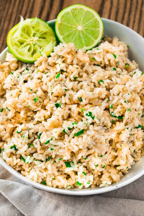 Cilantro Lime Brown Rice (Pressure Cooker) - Sticks Scratch Kitchen Vegan Brown Rice Recipes, Shredded Chicken Burritos, Chipotle Brown Rice, Rice Pressure Cooker, Lime Brown Rice, Shredded Chicken Burrito, Cilantro Lime Brown Rice, Make Shredded Chicken, Fajita Vegetables