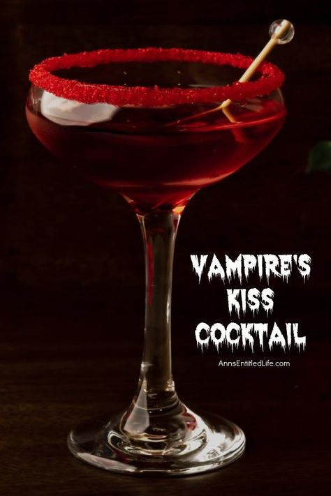 A vampire kiss cocktail against a dark background Halloween Drinks Alcohol Vampire, Vampire Themed Alcohol Drinks, Devils Kiss Drink, Sourpuss Cocktails, Vampire Inspired Cocktails, Vampire Inspired Drinks, Vampire Themed Appetizers, Draculas Kiss Cocktail, Twilight Alcoholic Drinks