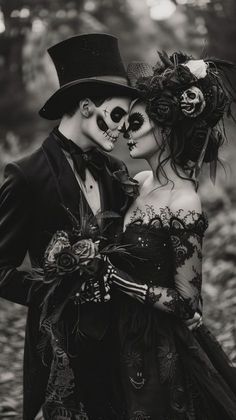 Halloween Couple Photoshoot With Dog, Undead Bride And Groom Costume, Goth Couple Halloween Costume Ideas, Adult Couples Halloween Costume Ideas, Halloween Bride And Groom Costume, Couples Photoshoot Dark Aesthetic, Sugar Skull Couple Costume, Masquerade Pictures, Halloween Wedding Photoshoot