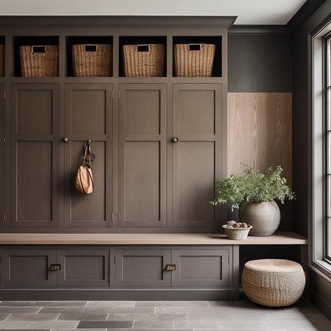 Boot Room Laundry Room Ideas, Boot Room Design, Brown Mudroom, Mudroom Millwork, Mudroom Styling, Mudroom Farmhouse, Brown Interior Design, Boot Rooms, Hall Storage