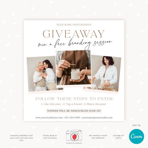 Download 

Boost your photography business with our Editable Canva Template for a Giveaway. This easy-to-use Instagram contest template helps you connect with your audience and gain more clients. Whether you're giving away a free mini session or another prize, this template is designed to attract attention and get people involved. Photography Marketing Templates, Instagram Contest, Fat Burners, Cadeau Photo, More Clients, Photography Marketing, Marketing Template, Mini Session, Instagram Design