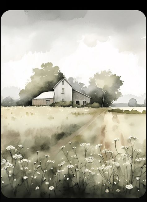 Texas Landscape Paintings, Watercolor Farm Landscape, Neutral Watercolor Painting, Farm Watercolor Paintings, Barn Watercolor Painting, Neutral Paintings, Outhouse Ideas, Painting Wild Flowers, Watercolors Ideas