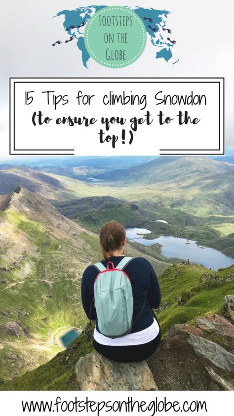 Mel sat on a rock with her back to the camera with her backpack on at the top of Snowdon looking out onto the horizon with green hills and blue lakes in the background. Climb Snowdon, Snowdon Mountain, Climbing A Mountain, Sweden Travel, Hiking Routes, Snowdonia, Mountain Climbing, Snowy Mountains, Nothing More