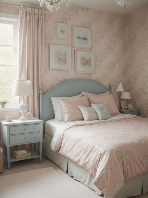 Pink And Blue Bedroom, Blue And Pink Bedroom, Vintage Inspired Bedroom, Pastel Bedroom, Fantasy Rooms, Classy Bedroom, Floral Duvet Cover, Floral Duvet, Cute Room Ideas