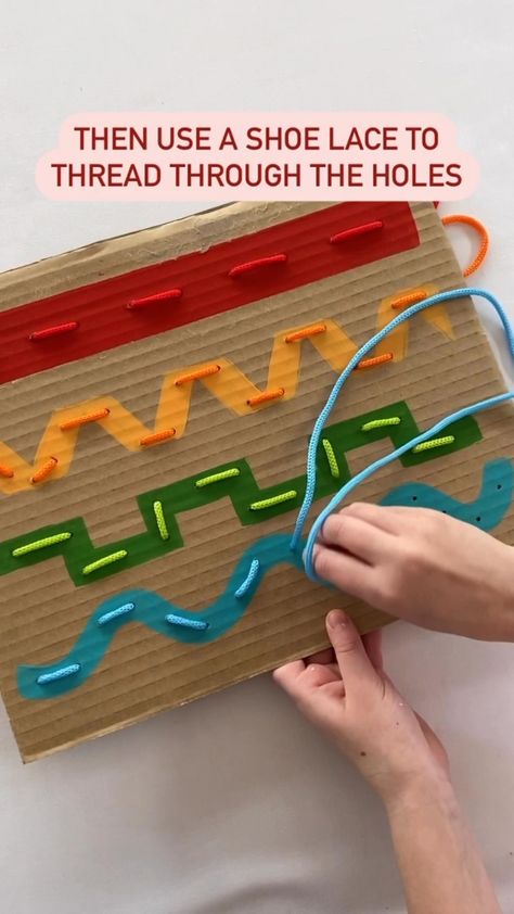 Line Preschool Activities, Lacing Cards Diy, Diy Lacing Activity, Line Activities Preschool, Diy Montessori Materials, Lacing Activities For Kids, Diy Lacing Cards, Community Programs, Sewing Activities