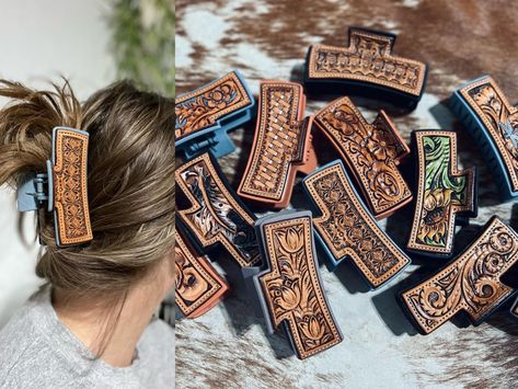 Leather Tooled Apple Watch Band, Western Leather Projects, Tooled Hair Clip, Tooled Leather Claw Clips, Tooled Leather Designs, Tooled Leather Projects, Tooled Leather Ideas, Tooled Leather Hair Clips, Western Claw Clips