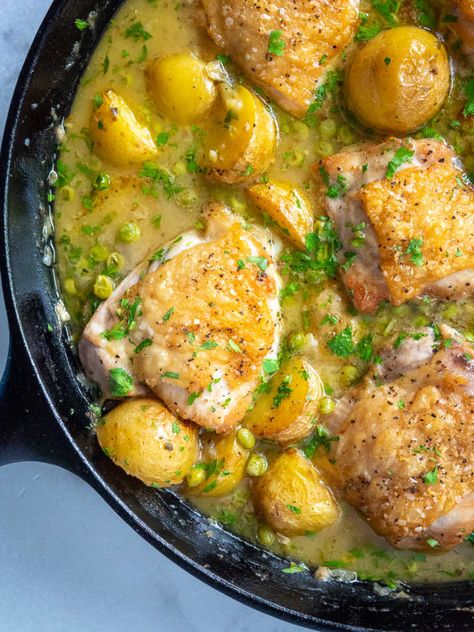 Chicken Vesuvio Recipe Giada, Stewed Chicken With Tomatoes, Chicken Vesuvio Recipe, Chicken Cacciatore With Potatoes, Chicken Vesuvio, Golden Potatoes, Chicken Thighs Dinner, New York Times Cooking, Rosemary Roasted Potatoes