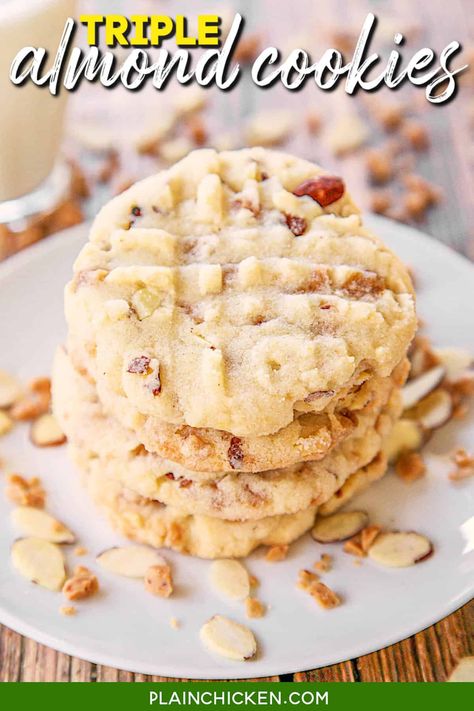 Triple Almond Cookies Recipe – cookies packed with tons of great almond flavor – almond extract, chopped almonds, and almond toffee bits! These cookies are dangerously delicious! Butter, sugar, powdered sugar, oil, eggs, almond extract, flour, baking soda, cream of tartar, salt, sliced almonds, and toffee bits. This recipe makes a ton of cookies. Great for a potluck and parties! Dessert Recipes With Almonds, Cookies With Almonds In Them, Almond Crunch Cookies, Chopped Almond Recipes, Cookies With Sliced Almonds, No Bake Salted Caramel Cookies, Recipes With Sliced Almonds, Almond Paste Cookies Christmas, Almond Flavored Cookies