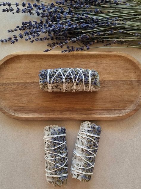 Very cute mini  Lavender& Sage Smudge Sticks from the Mediterranean Coast, featuring premium French lavender flowers.  Handcrafted with care, these smudge sticks are a perfect blend of the aromatic tranquility of lavender.  Sourced directly from the sun-drenched shores of the Mediterranean, our smudge sticks are made with 100% organic and natural ingredients, ensuring a pure and potent experience. Each stick is carefully bound with natural twine, combining the calming properties of French lavend Sage Sticks, Smudge Sticks Aesthetic, Rosemary Smudge Stick, Flower Smudge Sticks, Sage Smudge Sticks, Lavender Sage Smudge Sticks, Incense Lavender, Lavender Crafts, Lavender Sage