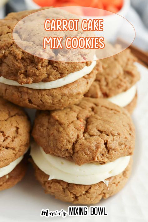 These Carrot Cake Mix Cookies are soft, chewy, and so simple to make. You will love these delicious cookies! Carrot Cake Mix Cookies, Whipped Cream Cheese Frosting, Carrot Cake Cookies, Cream Cheese Pound Cake, Delicious Cookies, Sweet Cream, Cake Mix Recipes, Cake Mix Cookies, Sandwich Cookies