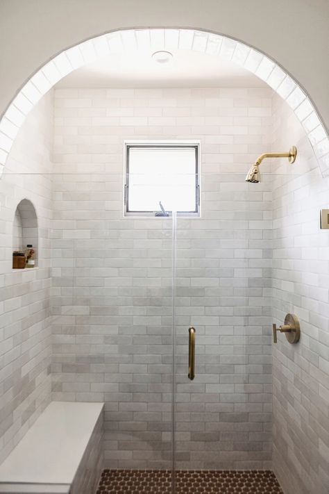 Shower With Arch Entry, Arched Shower Entry, Arch Shower Entry, Arched Shower Door, Arched Shower Opening, Master Restroom, Bathroom Demo, Builder Grade Bathroom, Bathroom Tub Remodel