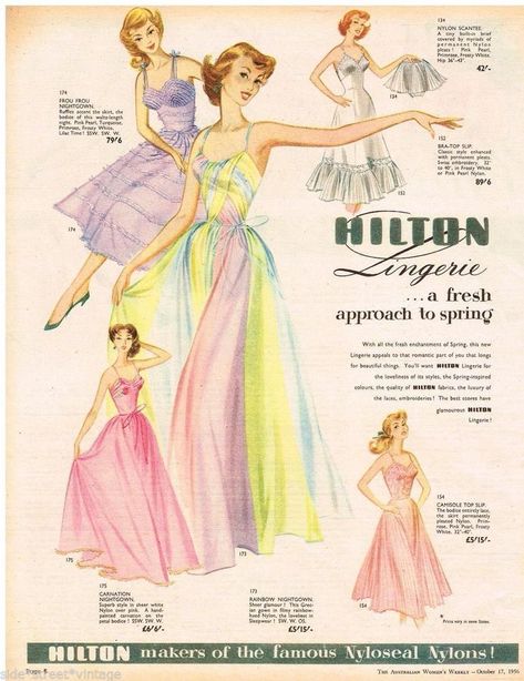 Vintage Lingerie Ad, Vintage Fashion Ads, 40s Mode, Spring Lingerie, 1950s Lingerie, Nightgown Vintage, Fashion Illustration Vintage, Retro Lingerie, Fur Coat Vintage