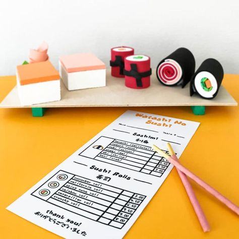 Make an easy DIY no-sew sushi play set complete with a printable sushi menu for kids restaurant dramatic play | from barley & birch Easy Diy Sushi, Restaurant Dramatic Play, Kids Restaurant, Sushi Wrap, Nori Wrap, Kids Restaurants, Sushi Menu, Diy Sushi, Restaurant Themes