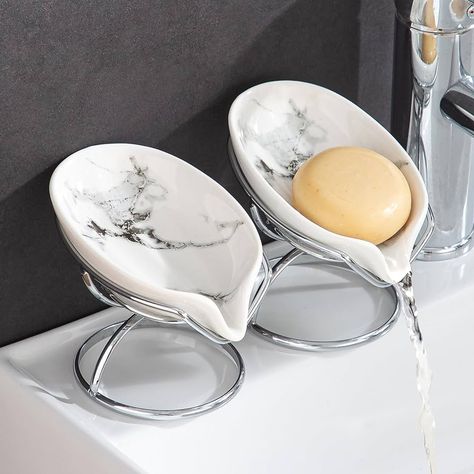 Amazon.com: Dobbyby Leaf-Shaped Soap Dish – Ceramic Soap Bar Holder with Self-Drainage System – Bar Soap Holder for Shower, Bathroom Sink, Kitchen – Soap Dish with Stainless Steel Stand (WHITE-GOLD-2 PACK) : Home & Kitchen Soap Bar Holder, Soap Dish Ceramic, Soap Stand, Pumice Stones, Bar Soap Holder, Intuitive Design, Sink Kitchen, Shower Bathroom, Shower Soap