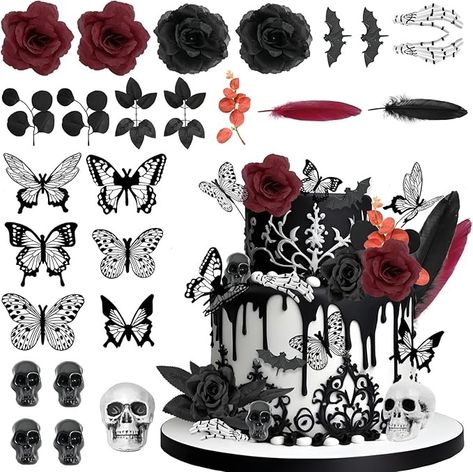 Amazon.com: Black Cake Decorations, TSVATE 26PCS Gothic Cake Decorations, Goth Birthday Decorations, Black Cake Topper with Red Black Rose, Skull, Butterfly Cupcake Toppers, Wedding Rip Halloween Cake Decorations : Toys & Games Gothic 40th Birthday, Goth Sweet 16 Party Ideas, Black Theme Birthday Decoration, Goth Party Decorations, Goth Birthday Party, Gothic Birthday Party, Witches Birthday, Skull Cake Topper, Halloween Cake Decorations