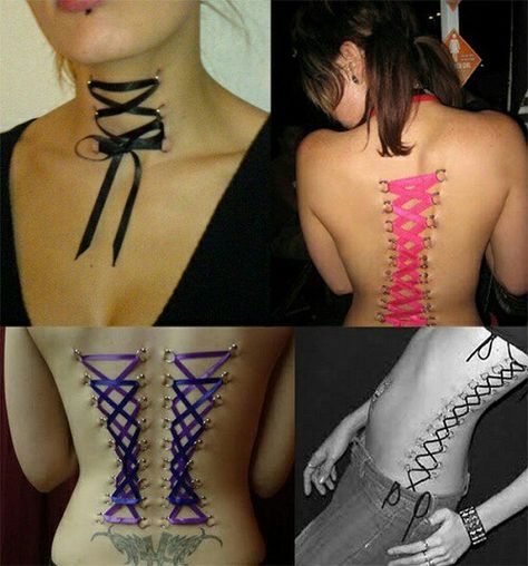 corset piercing Unusual Piercings, Corset Piercing, Neck Piercing, Body Modification Piercings, Back Piercings, Piercing Chart, Cool Piercings, Labret Piercing, Body Piercings