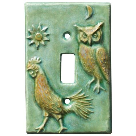 ceramic art, light switch plate, light switch cover, unique switch cover, rooster owl art plate, ceramic rooster, rustic switch plate, handmade Ceramic Light Switch, Patina Green, Aqua Stone, Ceramic Glazes, Toggle Light Switch, Ceramic Light, Light Switch Plate, Light Switch Plate Cover, Light Switch Cover