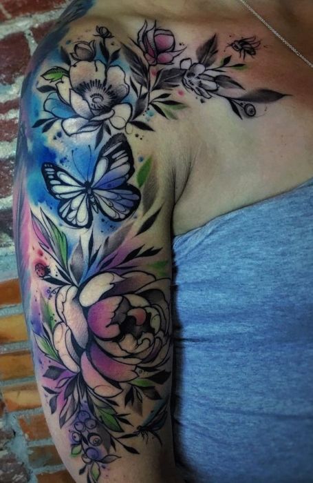 Half Sleeve Ideas, Tattoo Half Sleeve, Watercolor Tattoo Sleeve, Shoulder Sleeve Tattoos, Female Tattoos, Butterfly Tattoos For Women, Tattoos For Women Half Sleeve, Back Of Shoulder Tattoo, Floral Tattoo Sleeve