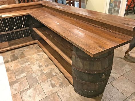 Rustic Barrel Bars and Stave Accent Walls Whiskey Barrel Bar Ideas, Rustic Bars, Bourbon Barrel Bar, Pub Interior Design, Whiskey Barrel Bar, Barrel Bbq, Wine Barrel Bar, L Shaped Bar, Bourbon Room