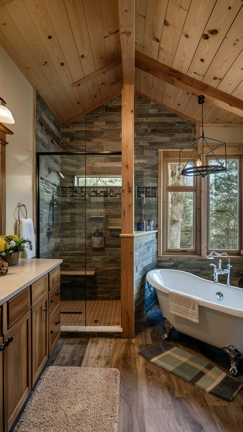 21 Stylish No Door Shower Ideas for Walk-In Master Baths, Small Spaces, and Rustic Cottages Rustic Modern Shower Ideas, Adirondack Bathroom Ideas, Rustic Mountain Bathroom, No Door Shower Ideas, Rustic Shower Ideas, Rustic Master Bath, Bathroom Ideas Rustic, Half Wall Shower, Rustic Bathroom Shower