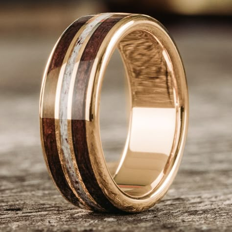 A perfect ring for the outdoorsman, hunter, or nature lover, the Stag men’s gold wedding band is handcrafted with rich, antique walnut wood and naturally shed elk antler inlays. Made just for you in North Carolina.
Our Antique Walnut and Elk Antler ring has the classic wood tones you'll love with the contrasting white of our speckled elk antler. Set in one of our three sustainably sourced gold wedding band selections this ring is an eye-catching design with a story.
These natural wood tones look Mens Wedding Band Deer Antler, Elk Ring Wedding Bands, Mens Elk Ivory Wedding Ring, Gold And Wood Wedding Band, Men’s Wedding Band Outdoorsy, Cowboy Wedding Rings Men, Male Wedding Bands Wood, Men Wedding Rings Western, Elk Wedding Band