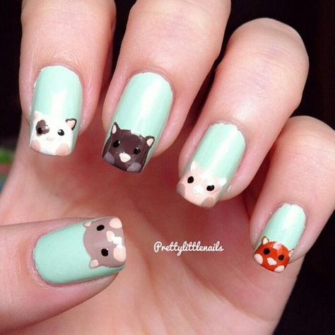 Hamster nails! So cute. Cute Nails Animals, Nails Cute Animals, Cute Animals Nail Art, Hamster Nails, Hamster Nail Art, Coolest Nails, Pig Nails, Hamster Cartoon, Classy Nail Art Ideas