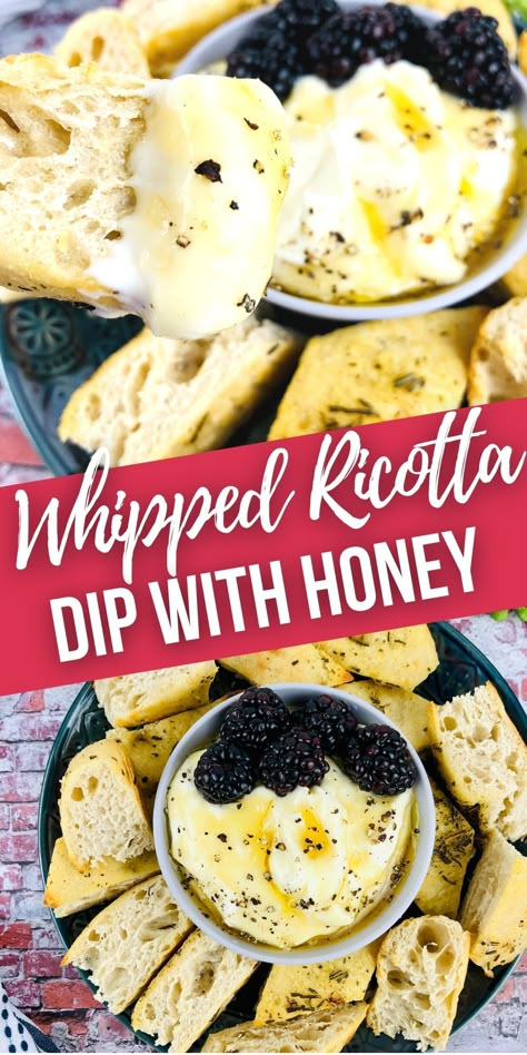 Whipped Ricotta recipe is a crowd pleaser for sure. This luscious dip is drizzled with honey and perfect for dipping bread, veggies or fruit. Italian Whipped Ricotta, Baked Ricotta Dip Appetizers, Baked Ricotta With Honey, Ricotta Cheese With Honey, Crockpot Ricotta Dip, Whipped Ricotta Crostini Appetizers, Baked Riccota Cheese Dip, Whipped Ricotta Dip With Honey, Best Whipped Ricotta Dip