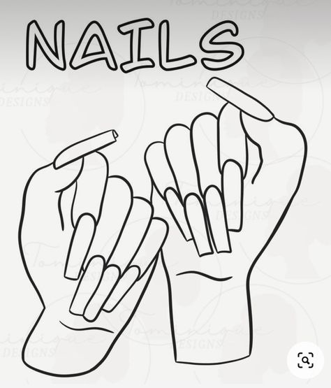 Hand Outline Drawing With Nails, Nails Acrylic Drawing, Nail Coloring Pages, Nails Drawing Sketch, Nails Coloring Pages, Nails Drawing, Hello Kitty Birthday Invitations, Nail Template, Nail Art Courses