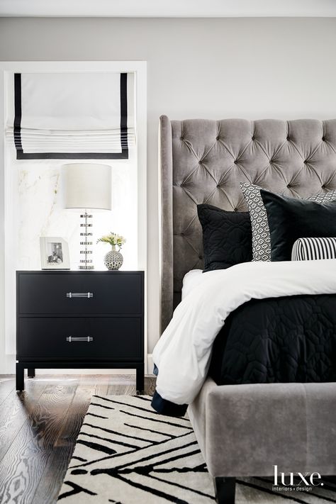 Grey Bed Black Furniture, Black Gray And White Master Bedrooms, Black Velvet Bed Frame Room Ideas, Grey Tufted Bed Bedroom Ideas, Gray Velvet Bedroom Ideas, Grey Bed Frame Decor, Black Velvet Bed Bedroom Ideas, Bedding With Grey Headboard, Grey Upholstered Bed Decor