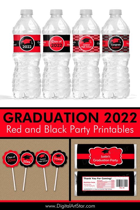 Graduation Candy Wrappers, Graduation Water Bottle Labels, Black Graduation Party, Invitations Graduation, Graduation Candy Bar, High School Graduation Party Decorations, Graduation Table Decorations, Graduation Food, Graduation Printables