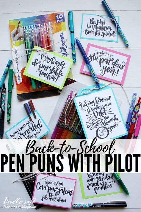 Pilot Pens with clever puns printed on tags scattered on table showcasing many varieties and colors of Pilot pens, precise, G2 and Frixion color sticks Teacher Pen Gift Idea, Pen Puns Gift, Pen Sayings Gift Ideas, Pen Appreciation Tags, Pens For Teachers Gift Ideas, Teacher Appreciation Gifts Flair Pens, Pencil Puns For Students, Pen Quotes Gift, Highlighter Gift Tag Free Printable