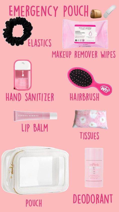 Emergency Pouch, Summer Lip Balm, Makeup Remover Wipes, Wet Brush, Hair Brush, Hand Sanitizer, Makeup Remover, Deodorant, Lip Balm