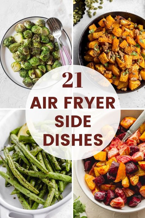 Collage of four images of air fryer vegetable side dishes. Air Fryer Sides, Side Pork, Air Fryer Side Dishes, Side Dishes For Dinner, Dishes For Dinner, Side Dishes For Chicken, Roasted Radishes, Chicken Steak, Air Fryer Dinner Recipes