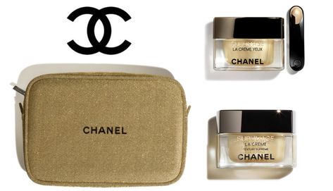 This gorgeous Chanel Holiday Gift set caught my eye with its golden luxury moment. The Gold cosmetic pouch holds your cosmetics as intended by Chanel. And also can be used as a bag. Set includes: 0.5 oz. SUBLIMAGE LA CRÈME Ultimate Skin Regeneration – Texture Suprême SUBLIMAGE LA CRÈME YEUX Ultimate Regeneration Eye Cream Gold Cosmetic, Skin Regeneration, Chanel Perfume, Gold Girl, Holiday Gift Sets, Golden Girl, Skincare Set, Cosmetic Pouch, Bag Set