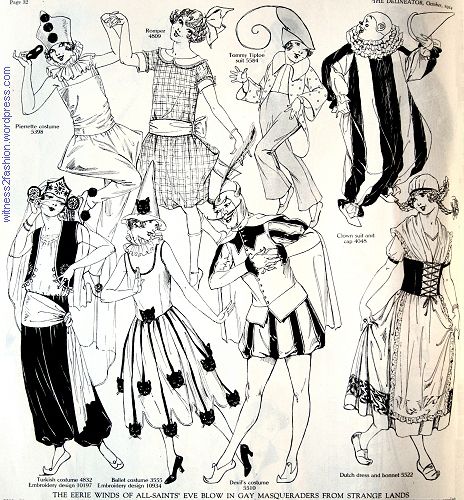 Butterick costume patterns, October, 1924. Delineator, p. 32. 1920 Halloween Costumes, 1920s Halloween Costume, Pierrot Costume, Altered Dolls, 1920s Halloween, Halloween Costume Patterns, Old Halloween Costumes, Halloween Journal, 20s Style