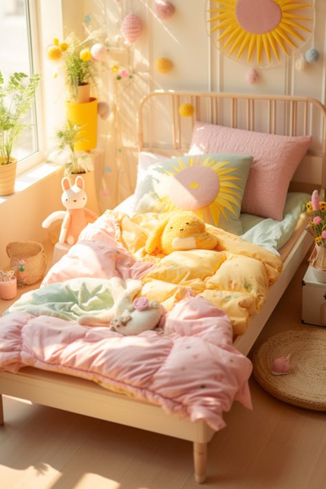 Transform your child's space into a pastel wonderland of blooming beauty! Explore this enchanting kids' room filled with delicate flowers and floral patterns that'll make their dreams blossom. 🌼💫 #KidsRoomDecor #FloralDesign #PastelParadise Pastel Toddler Girl Room, Girls Yellow Bedroom Ideas, Yellow Toddler Room Girl, Pastel Yellow Bedroom, Colorful Toddler Room, Pastel Bedrooms, Toddler Room Design, Pastel Baby Room, Bedroom Girls Kids