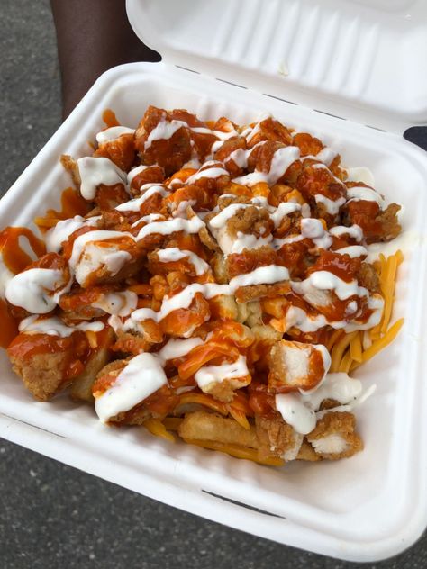 Loaded Buffalo Fries, Cheesy Fried Chicken, Buffalo Chicken Loaded Fries, Loaded Chicken Tenders, Loaded Buffalo Chicken Fries, Chicken Tender And Fries, Fried Chicken And Fries, Loaded Fries Aesthetic, Loaded Chicken Fries