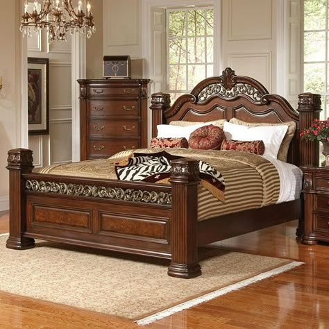 Center your master suite with sophistication by welcoming this bed from the DuBarry collection into your home. This grand headboard and footboard bed boasts beautiful, classic styling with its shapely headboard, reeded pillar posts, and intricately carved details. Crafted from mahogany solids and veneers, this bed is complete with a rich brown finish that will envelop any space with warm sophistication. This bed is available in Queen, King, and California King sizes. Bed Inspo, Wooden King Size Bed, Queen Sized Bedroom Sets, Brown Furniture Bedroom, King Size Bedroom Sets, Carved Beds, Wooden Bedroom Furniture, Wood Bed Design, Wooden Bed Design