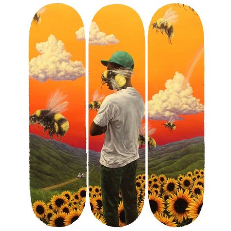 Tyler the creators album cover flower boy on the deck of 3 skateboards Tyler The Creator Skateboard, Deck Wall Decor, Tyler The Creator Flower Boy, Tyler The Creator Flower, Deck Wall, Skateboard Deck Art, Flower Boy, Art Album, Cool Deck