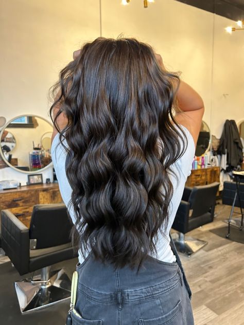 Hair Extension Inspiration Brunette, Camel Highlights Hair, Long Brunette Hair Extensions, Dark Brown Hair With Blue Undertones, Dark Almost Black Hair, Long Layers In The Back, Dark Brown Extensions, Hair Colors Dark, Dark Brown Hair With Extensions