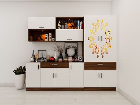 Concept2Designs on Instagram: “Go trendy with this trendy crockery cum pooja unit showcase that also keeps the space tidy. There is nothing that makes the space look…” Crockery With Pooja, Cabinet For Crockery, Crockery Unit Ideas, Dining Cupboard, Dinning Room Cabinet, Dining Crockery, Crockery Units, Puja Unit, Computer Cabinet